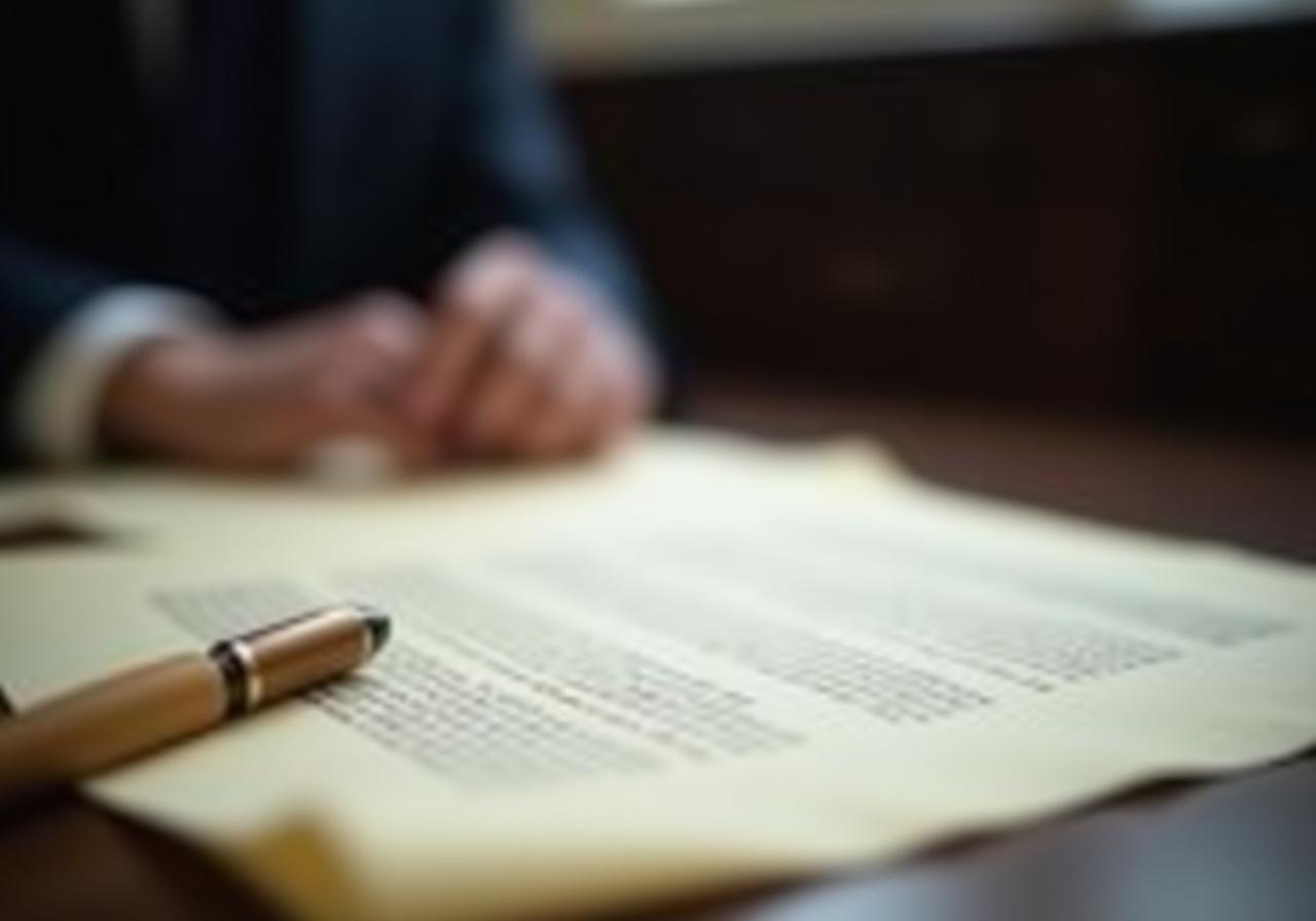 Close up of a legal professional reviewing a fountain pen signed document on high-quality parchment paper